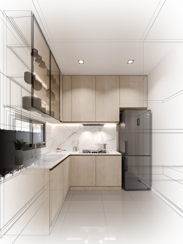 abstract sketch design of kitchen room ,3d rendering